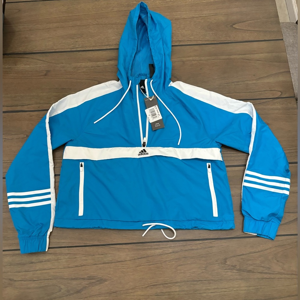 NEW Adidas Cyan Women's Essential Half-Zip Windbreaker Hoodie Jacket